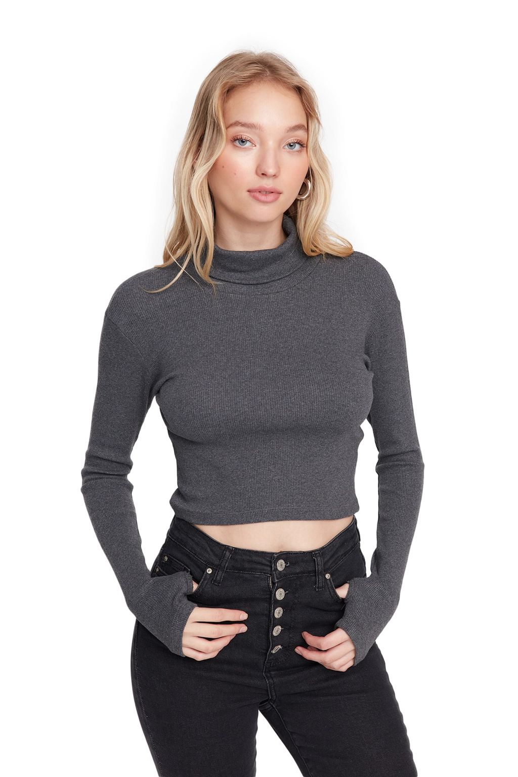 Trendyolmilla Zumrut Yesili Fitted/Vucuda Oturan Bal?kc? Yaka Parmak Detayl? Fitilli Esnek Orme Bluz TWOAW21BZ0071 фото 30