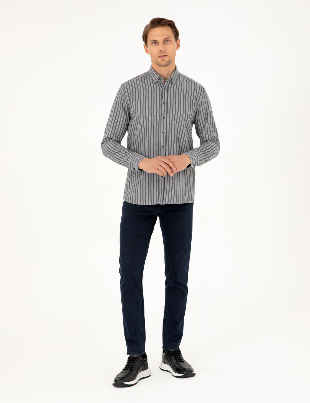 Gri Regular Fit _izgili Uzun Kollu G_mlek