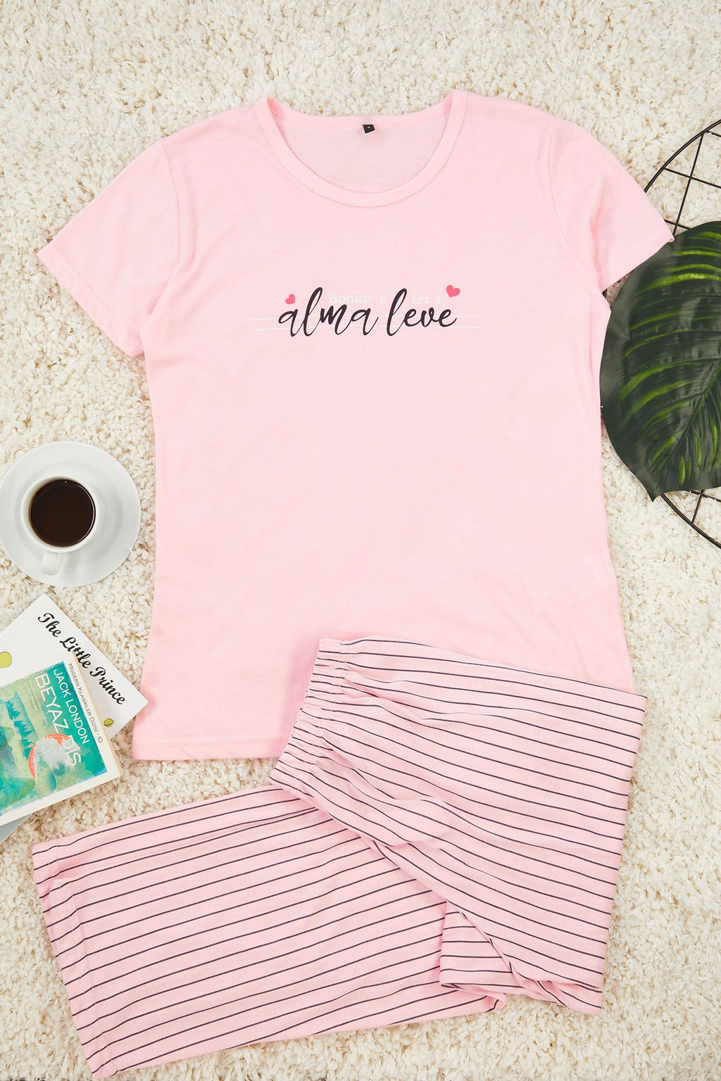 Trendyolmilla Mint Slogan Bask?l? Cizgili Orme Pijama Tak?m? THMSS24PT00251  фото 7