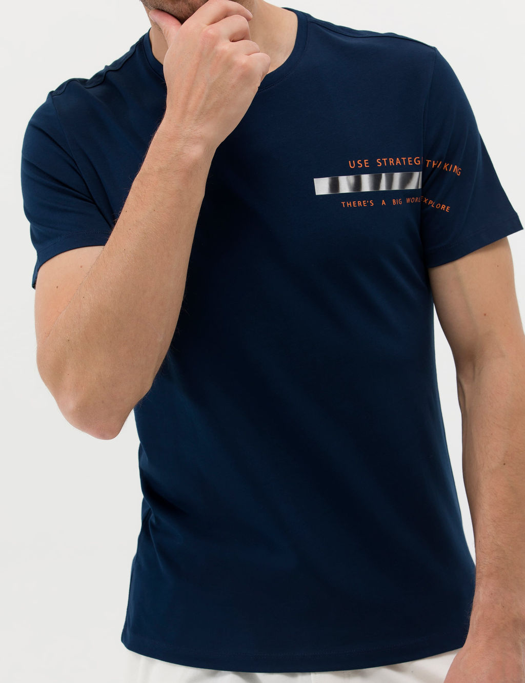 Lacivert Slim Fit Bask_l_ Bisiklet Yaka Ti__rt