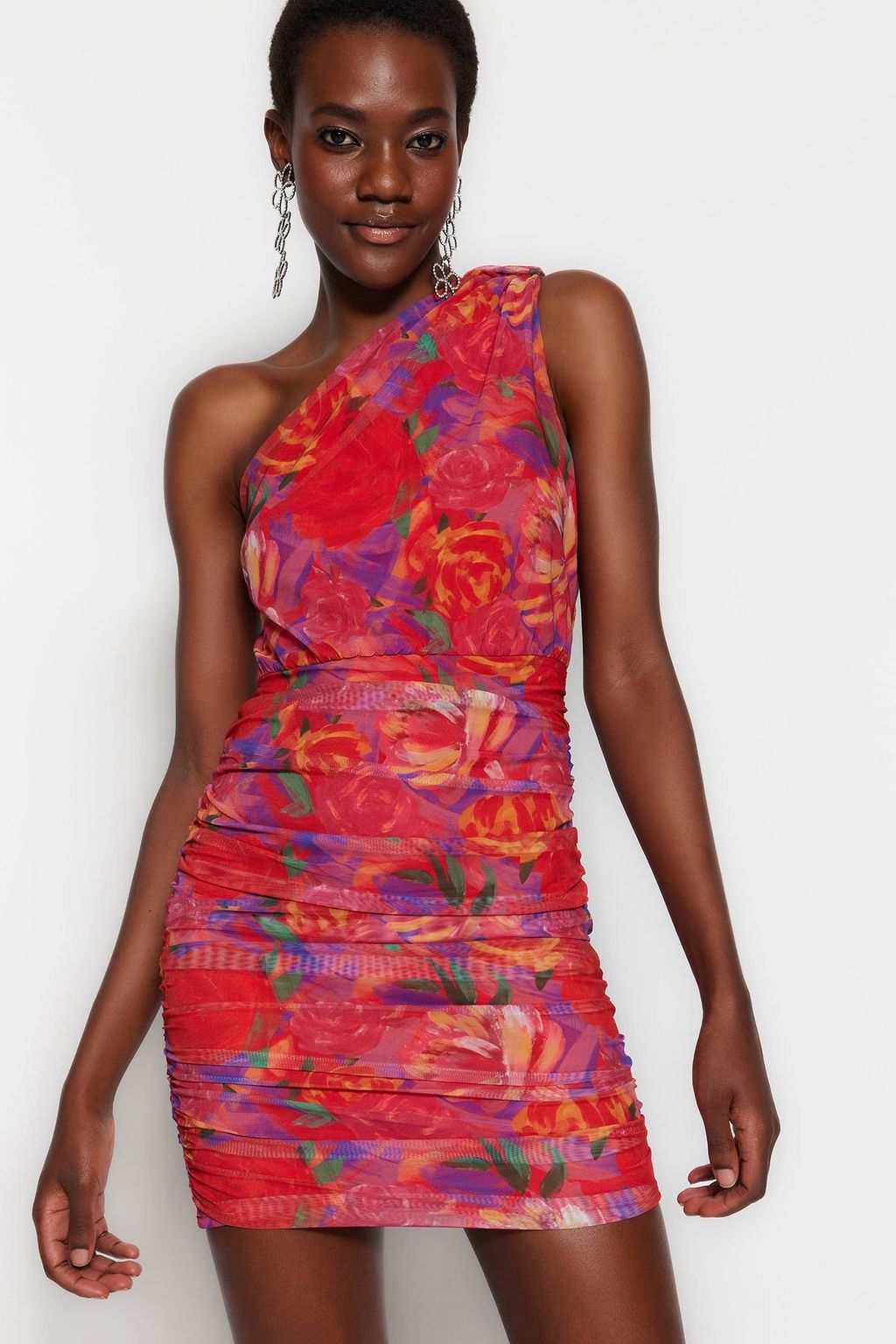 Cok Renkli Astarl? Vucuda Oturan Cicek Desenli K?sa S?k Abiye Gece Mezuniyet Elbisesi TPRSS23EL00363