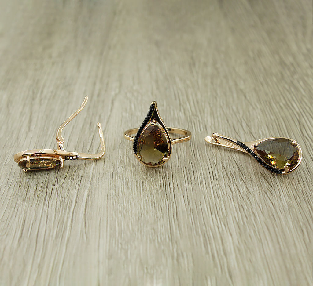 Комплект "Султан-49", султанит, покрытие под золото, размеры кольца: 17, 18, 19, 20