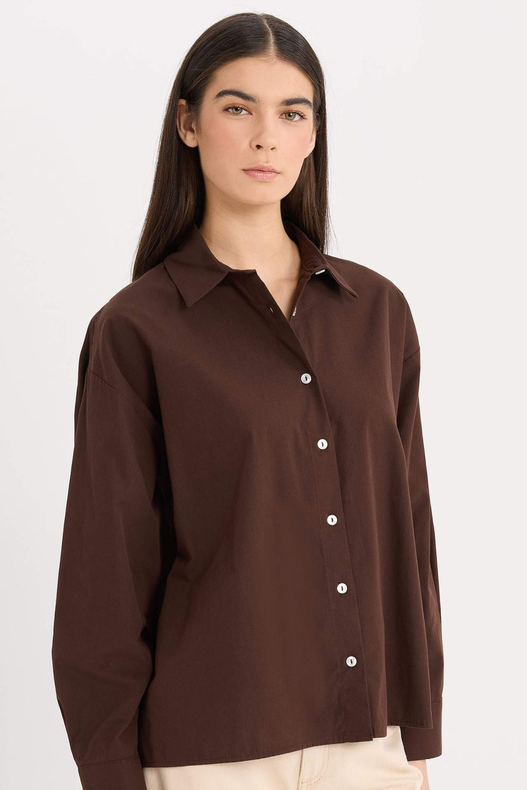 Oversize Genis Kal?p Poplin Basic Duz Uzun Kollu Gomlek - Defacto фото 3