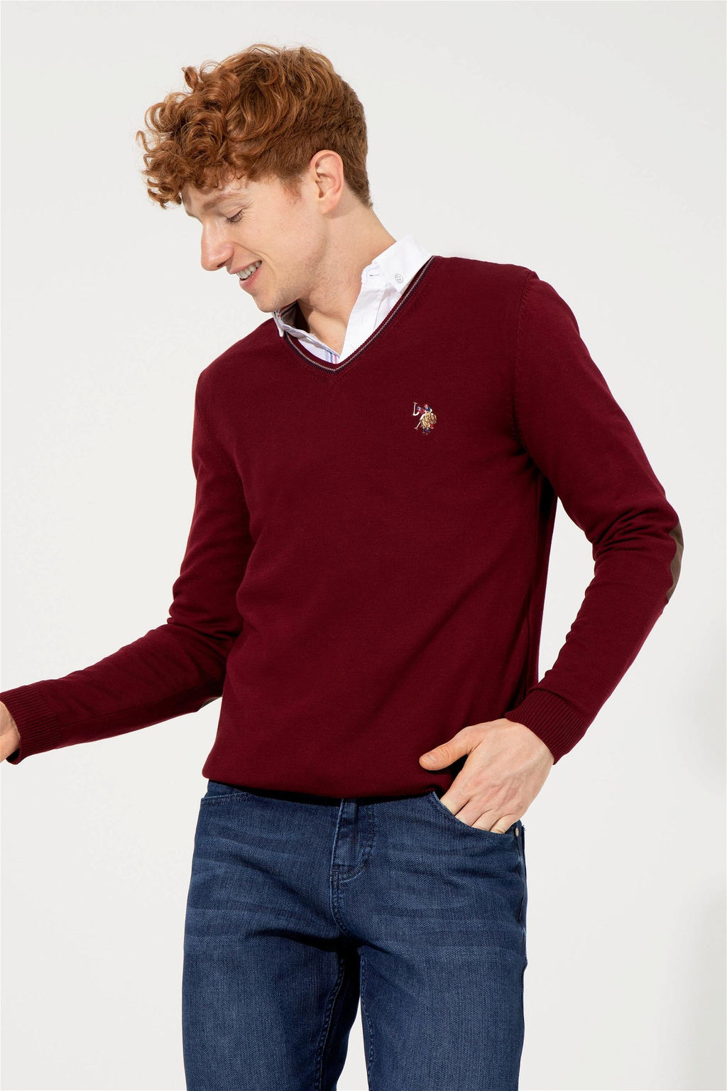 U. S. Polo Assn Мужской базовый трикотажный свитер бордового цвета с v-образным вырезом - U.s. polo assn фото 9