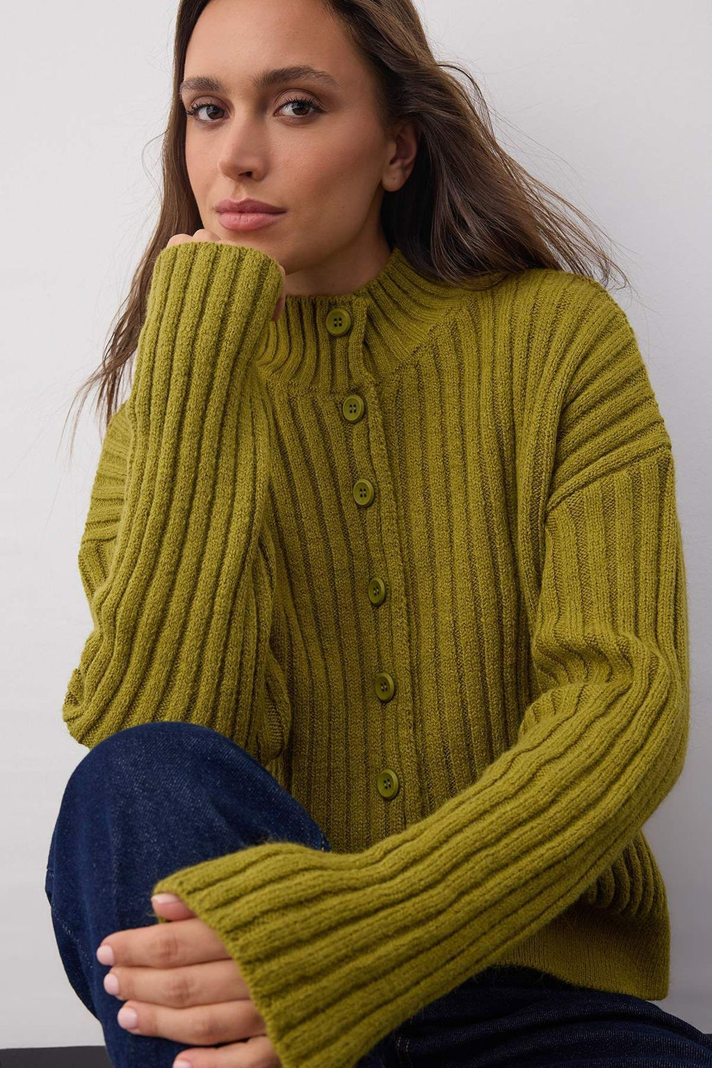 Wardrobe Essentials Yag Yesili Genis Kal?p Fitilli Yumusak Dokulu Triko H?rka | TWOAW26HI00091