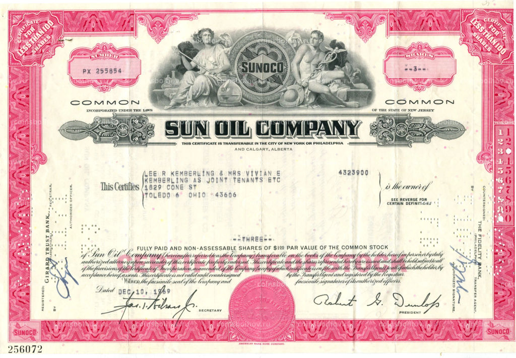 Сертификат передаточный на 3 акции SUN OIL COMPANY 1969 года США