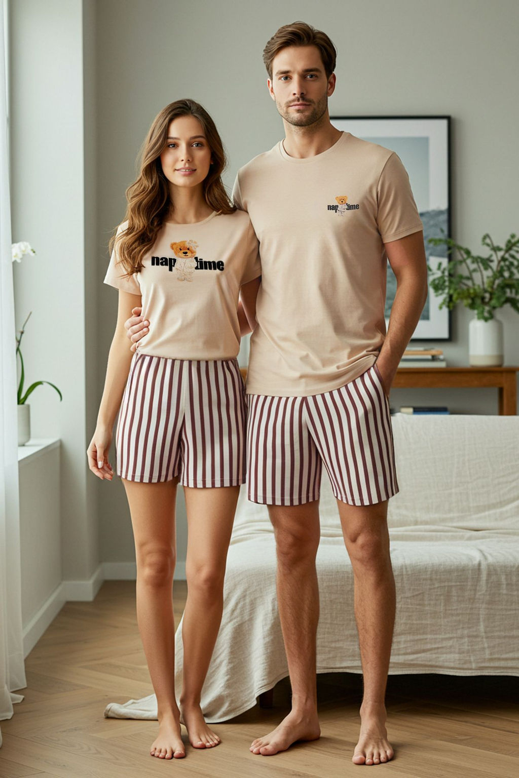 TRENDYOL MAN Mavi Ekru Cizgili Regular Fit Couple/Cift Orme Sortlu %100 Pamuklu Pijama Tak?m? TMNSS24PT00017 - Trendyolmilla фото 26