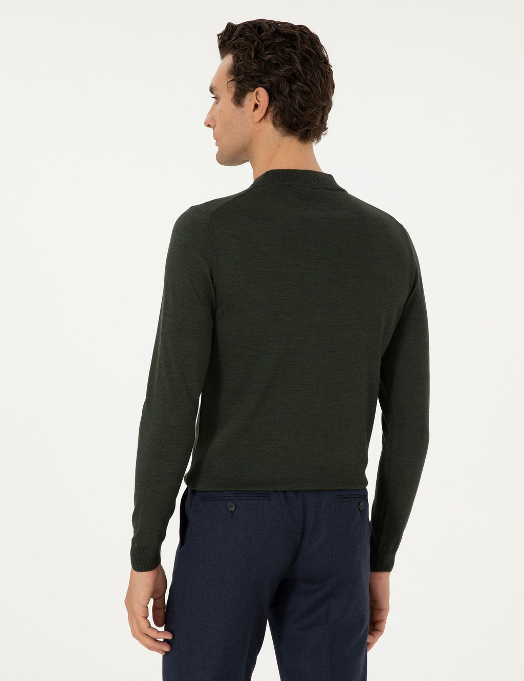 Haki Slim Fit Y_n Kar___ml_ _eyrek Bal_k__ Yaka Basic Triko Kazak