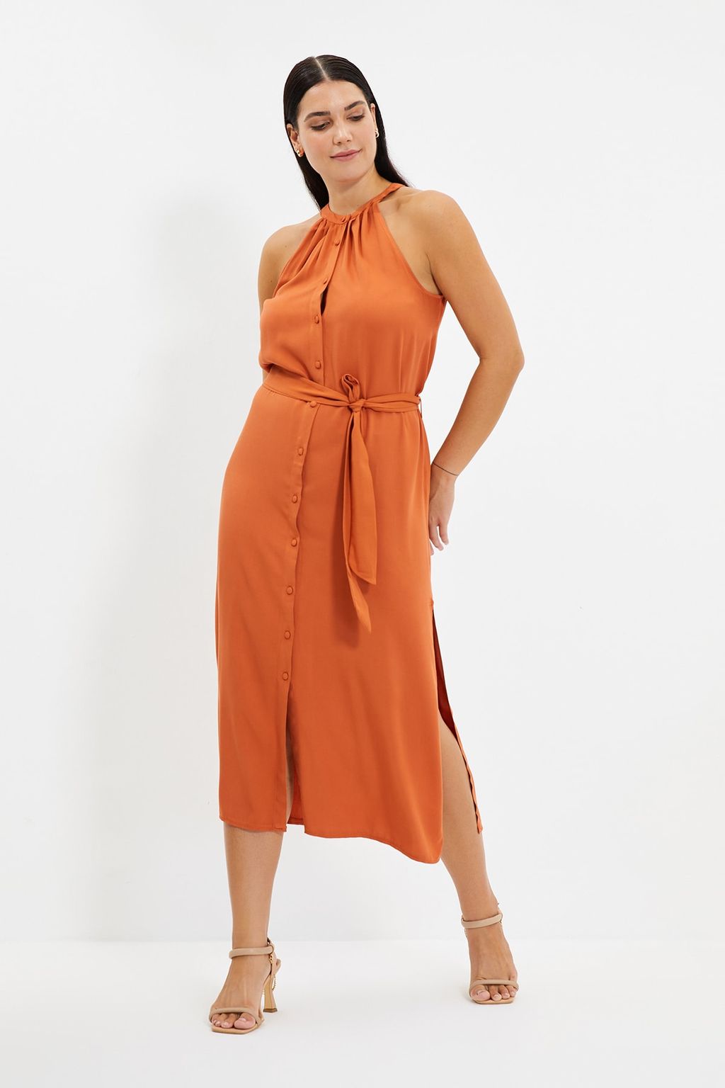 Tarc?n Kusakl? Hakim Yaka Midi Dokuma Gomlek Elbise TWOSS19XM0112