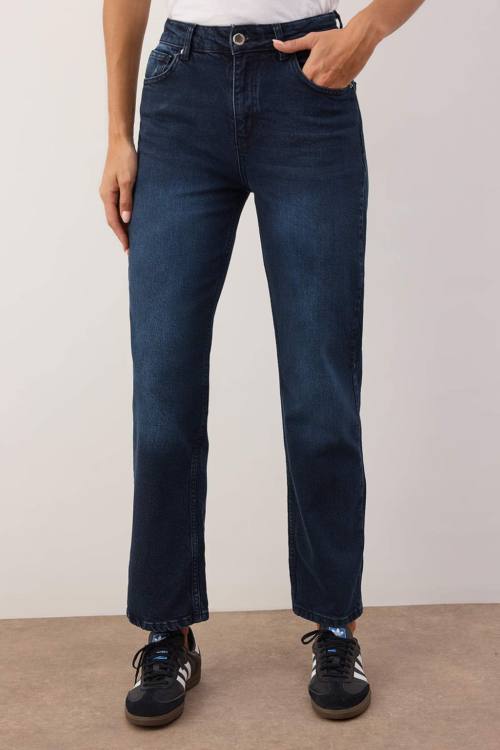 Koyu Mavi Yuksek Bel Straight Jeans TWOAW26JE00256 - Trendyolmilla фото 3