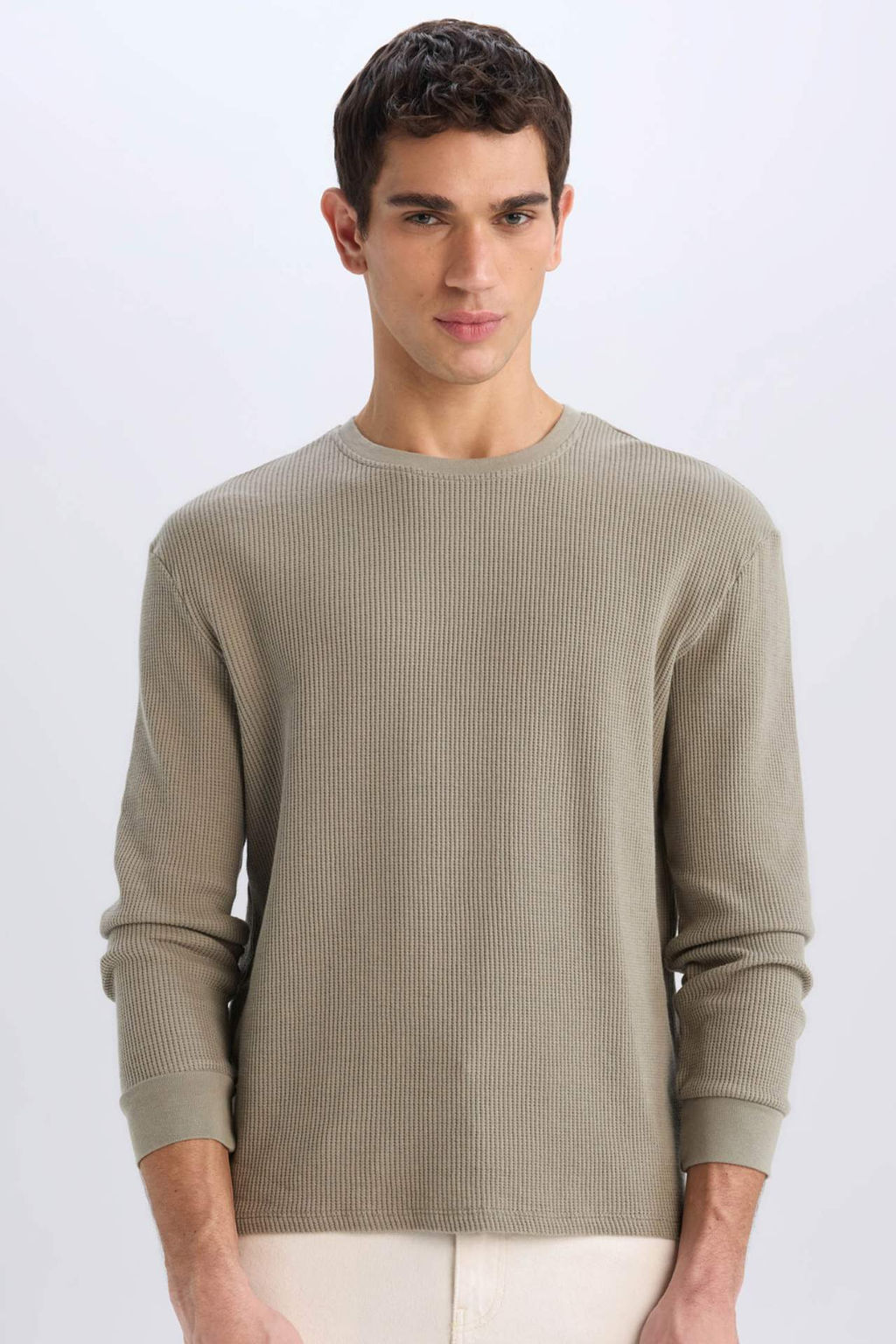 Regular Fit Bisiklet Yaka Uzun Kollu Waffle Tisort - Defacto фото 5