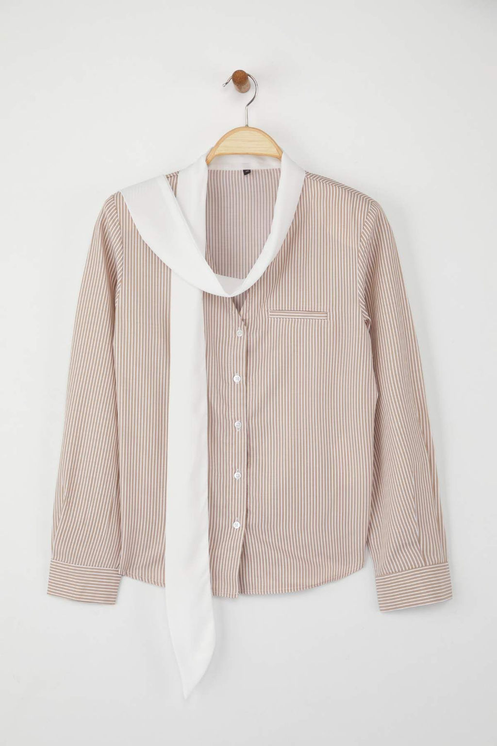 Bej Cizgili Sal Yaka Detayl? Gomlek TWOAW26GO00034 - Trendyolmilla фото 5