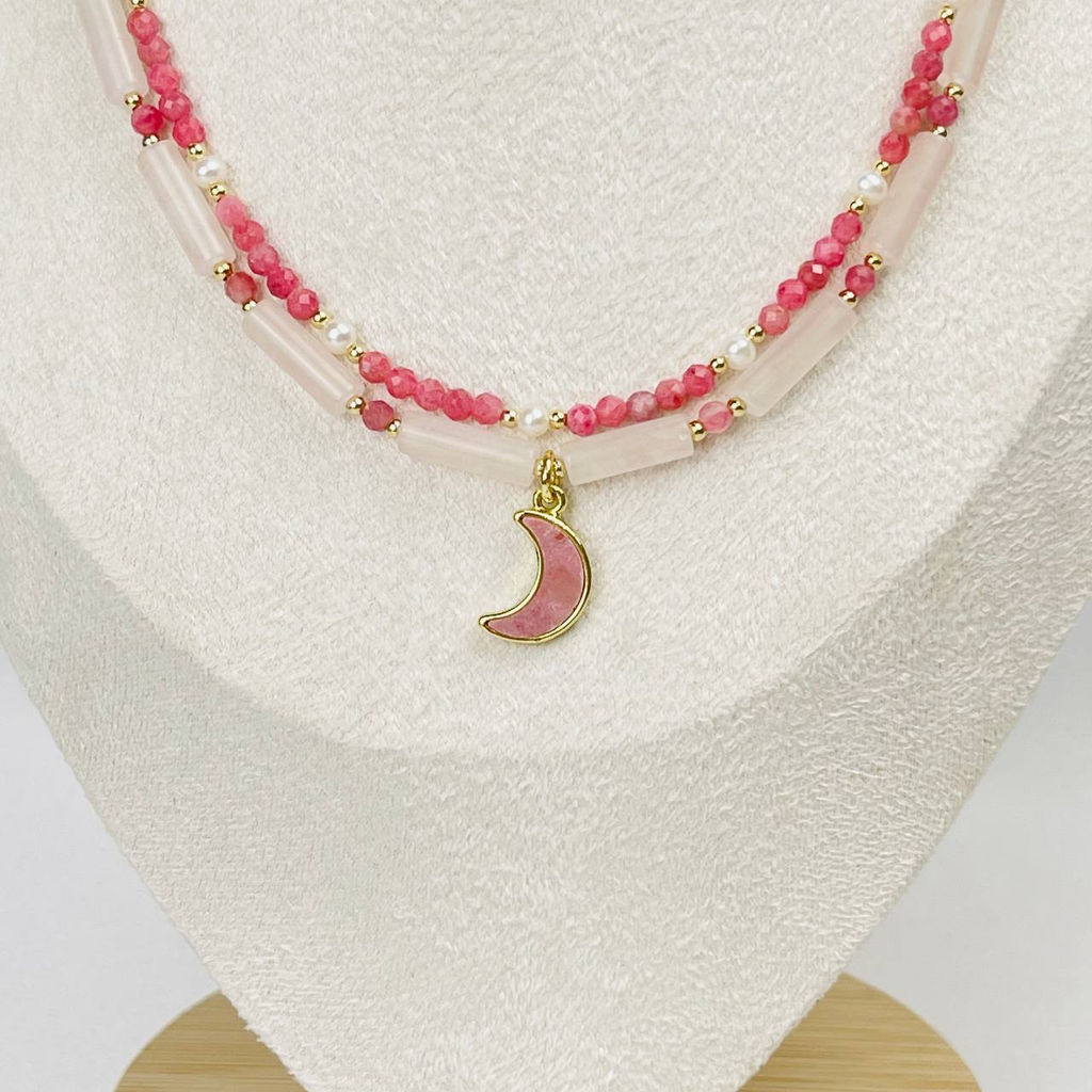 Колье двойное из Родонита, Розового кварца и Жемчуга - Радуга самоцветов фото 2