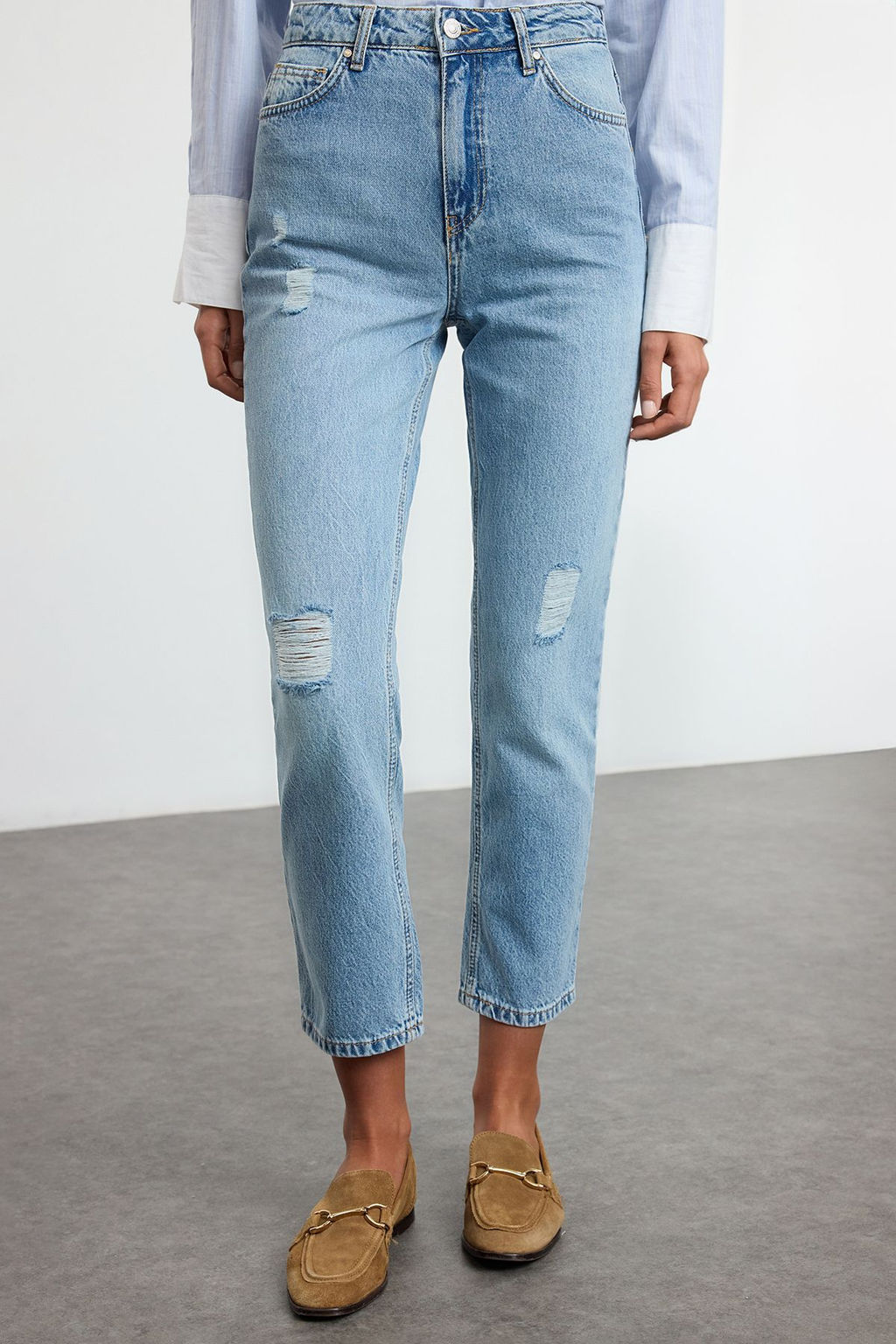 TRENDYOLMILLA Mavi Y?rt?k Detayl? Yuksek Bel Straight Jeans TWOSS22JE0431 фото 9