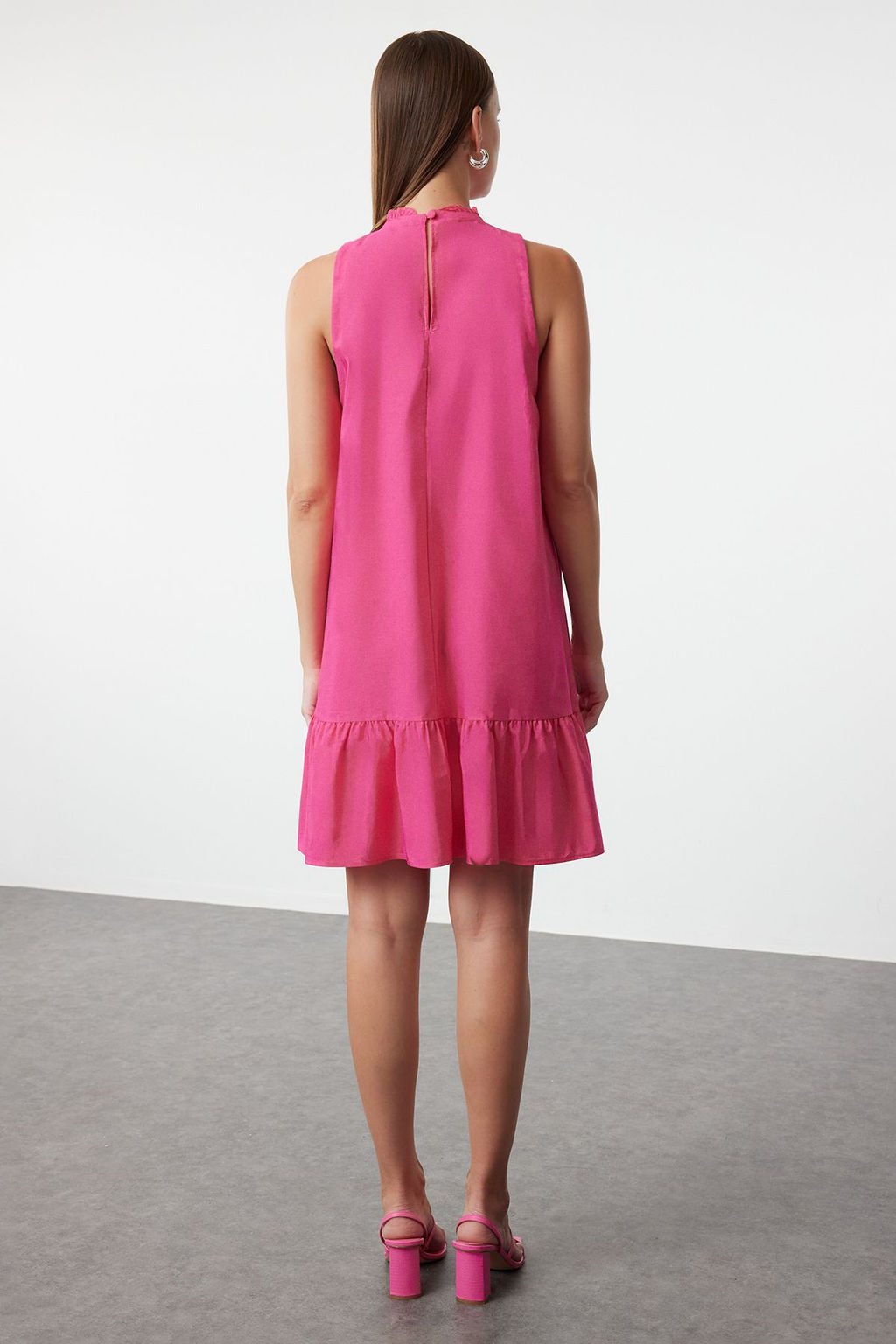 Pembe Rahat Kesim Kolsuz Mini Dokuma Elbise TWOSS22EL00139