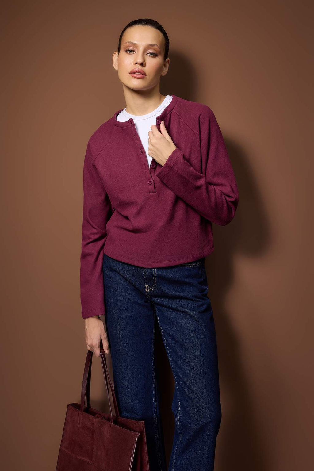 Antrasit Cift Gorunumlu Regular/Normal Kal?p Yar?m Patl? Selanik Kal?n Orme Bluz TWOAW26BZ00252 - Trendyolmilla фото 5