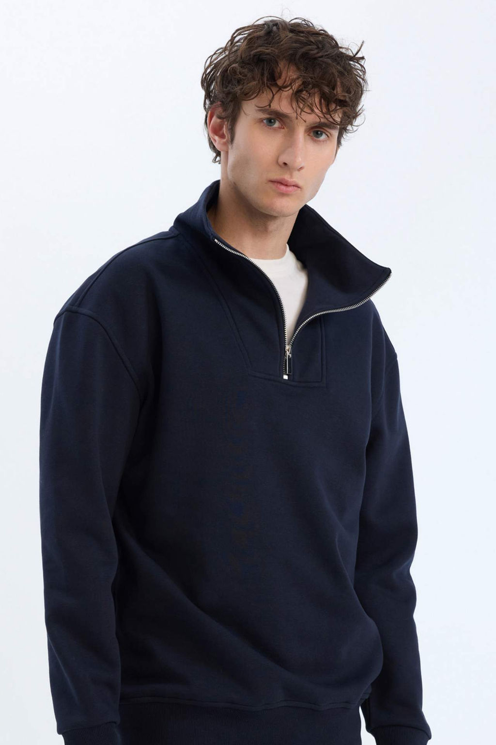 Relax Fit Dik Yaka Fermuarl? Basic Duz Kal?n Sweatshirt - Defacto фото 5