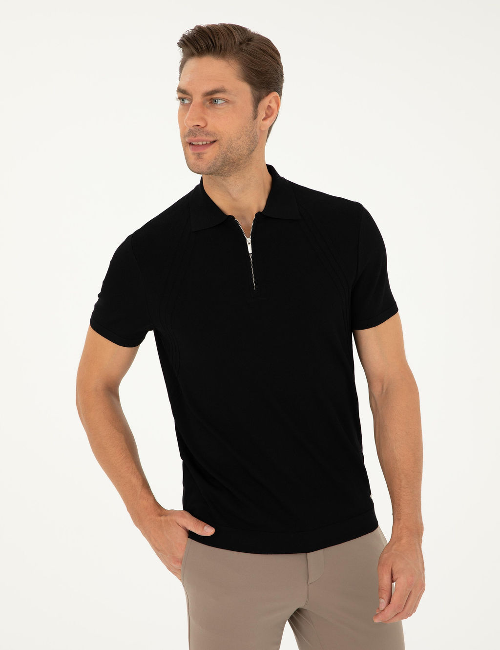 Siyah Slim Fit Fermuarl_ Polo Yaka Triko Ti__rt - Pierre cardin фото 3