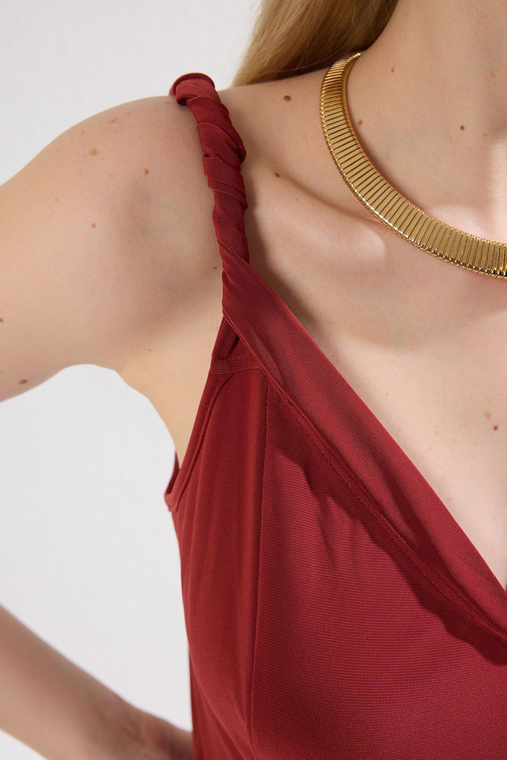 Kiremit Ask?l? V Yaka Skater/Belden Ac?lan EsnekMaxi Orme Elbise TWOSS25EL00384 - Trendyolmilla фото 3