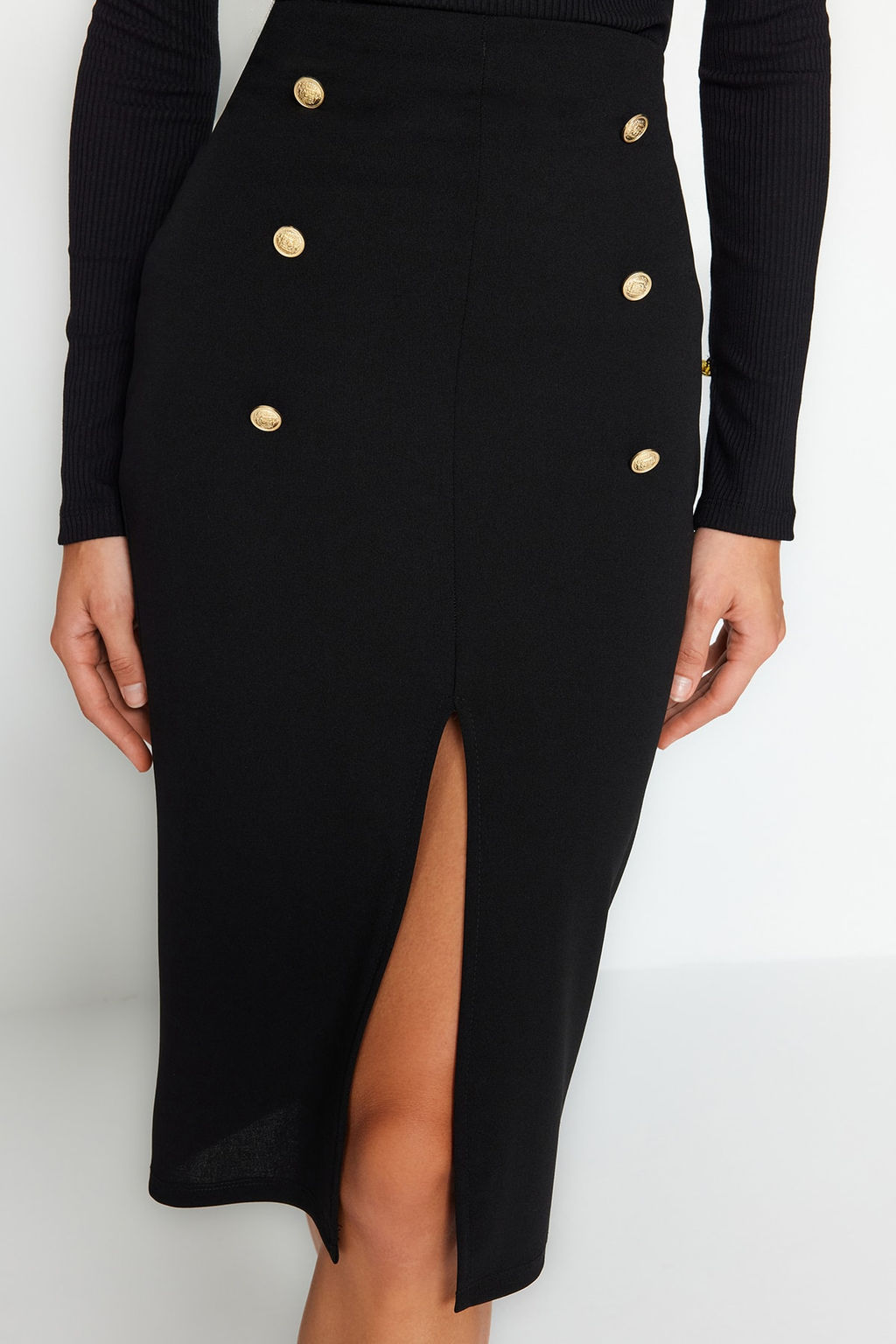 TRENDYOLMILLA Siyah Smart Scuba Krep Dugmeli Midi Y?rtmacl? Esnek Orme Etek TWOAW24ET00161 фото 4