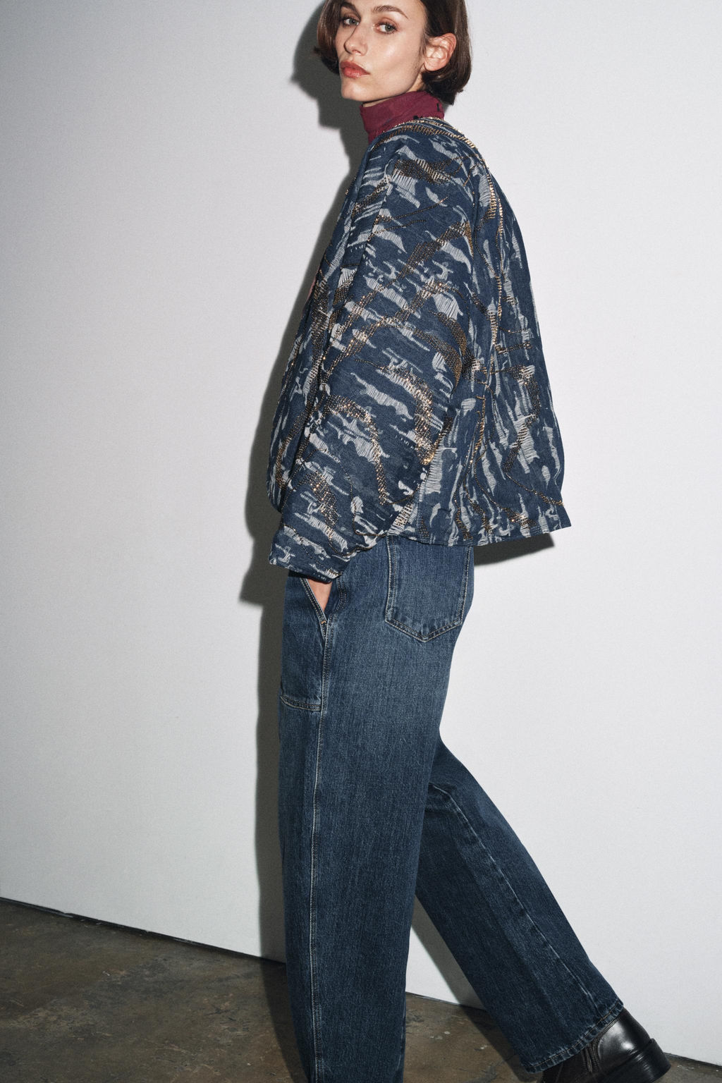 BEADED DENIM-EFFECT QUILTED KIMONO - Zara фото 9