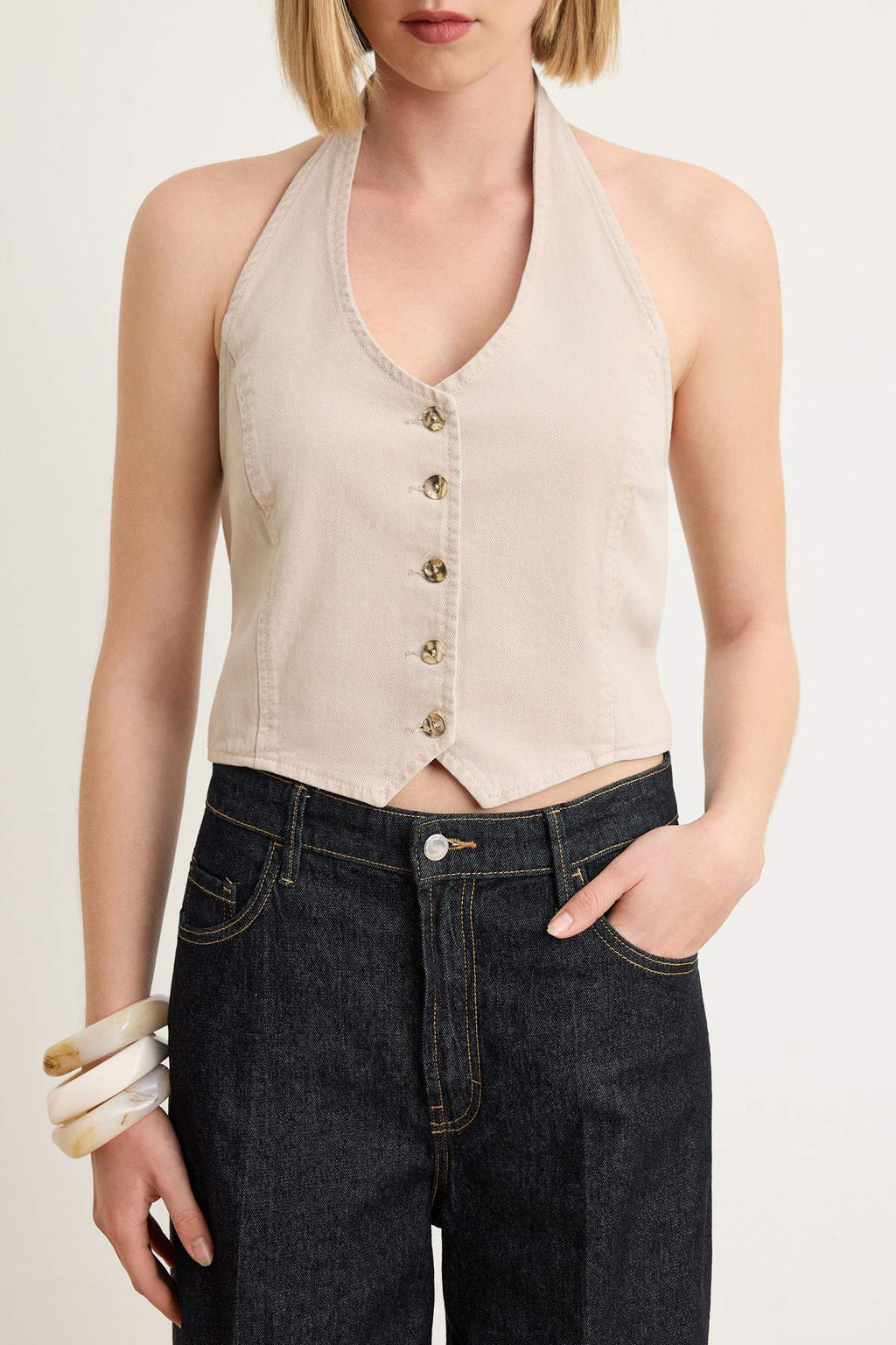 Ekru Gold Dugme Detayl? Comfort Denim Yelek TWOSS26YE00036 - Trendyolmilla фото 3