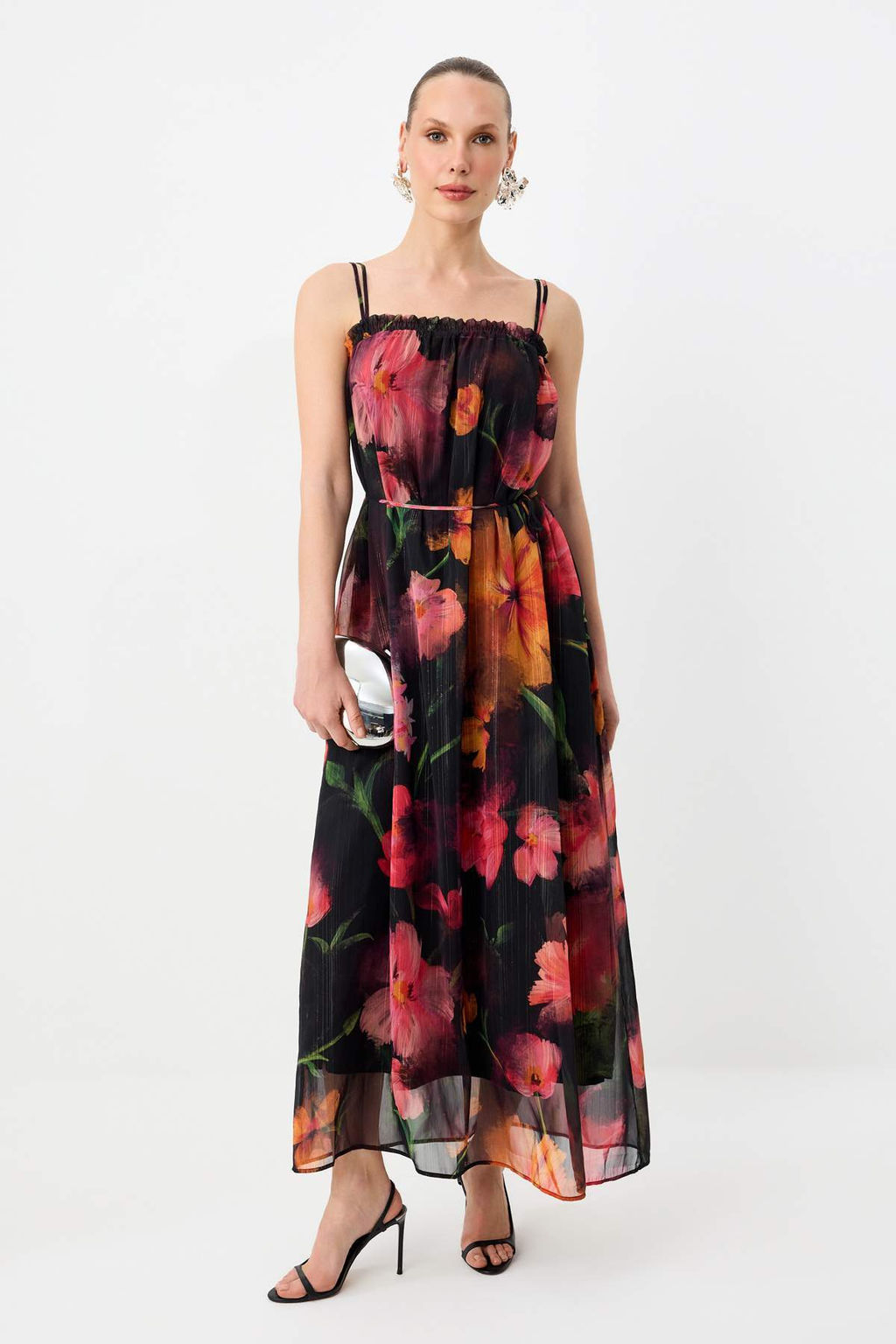 Cok Renkli Cicek Desenli Maxi Sifon Dokuma Elbise TPRSS26EL00082