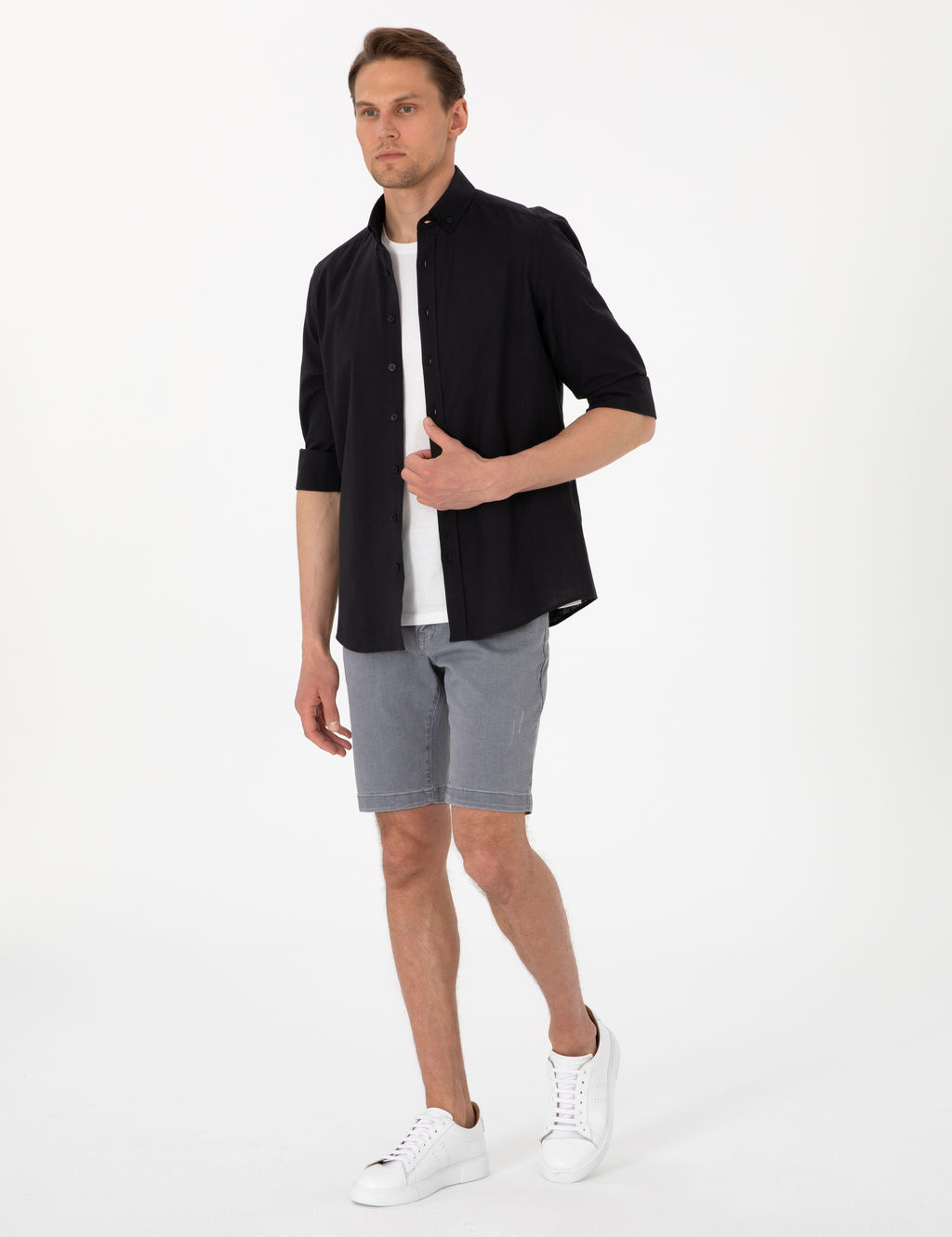 Siyah Keten G_r_n_ml_ Slim Fit Uzun Kollu G_mlek