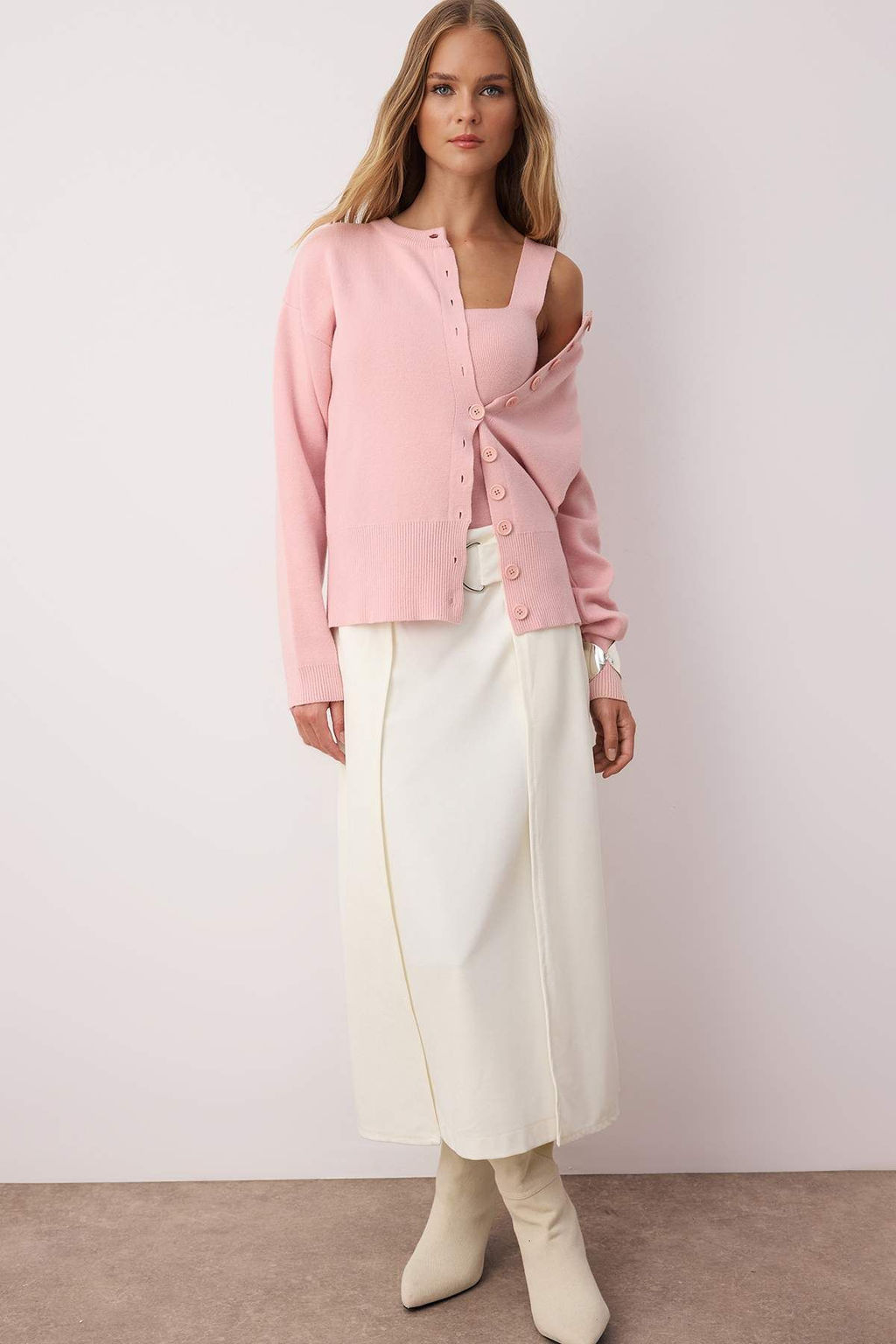 Pembe 2li Premium Iplik/Ozel Iplik Bisiklet Yaka Basic Triko H?rka-Bluz Tak?m TWOAW26HI00124