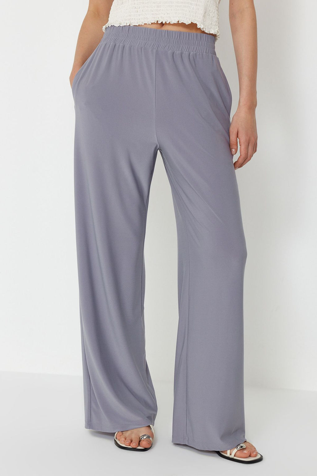 TRENDYOLMILLA Siyah Wide Leg/Rahat Kesim Yuksek Bel Esnek Orme Pantolon TWOSS23PL00129  фото 36