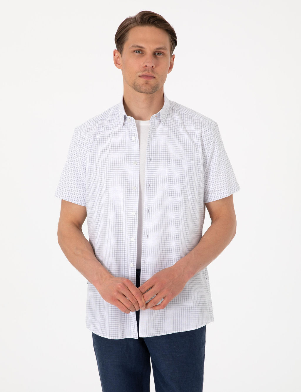 Lacivert Kareli Regular Fit K_sa Kollu G_mlek