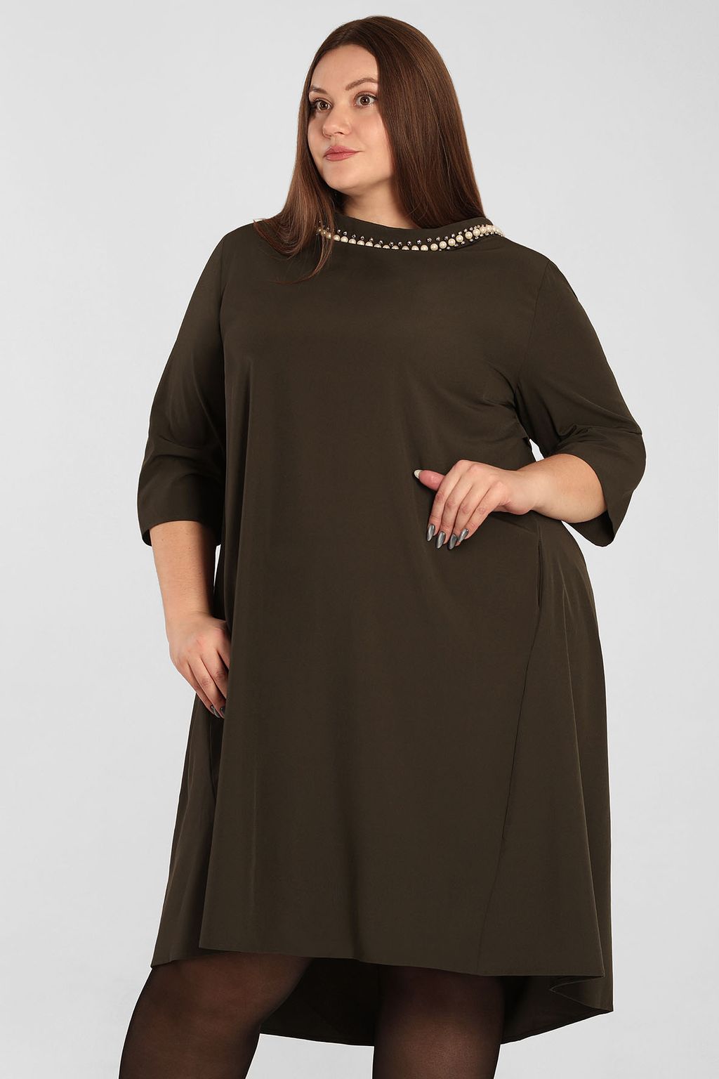 Платье свободное нарядное с жемчугом - Almond фото 2