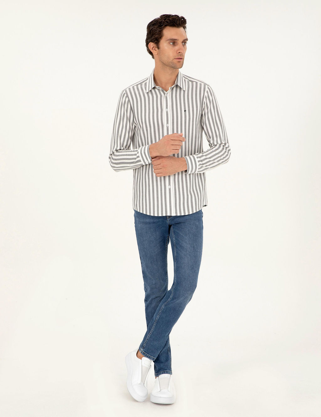 Gri Slim Fit _izgili Pamuk G_mlek