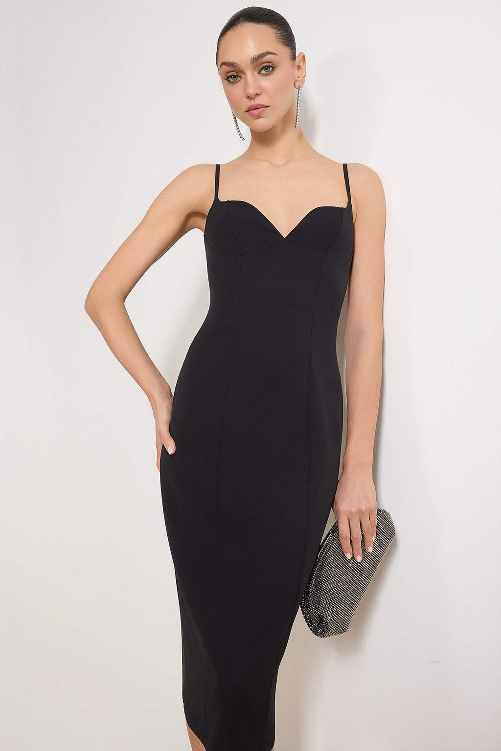 Siyah Ask?l? Dokuma Midi S?k/Gece Elbise Elbise TWOSS26EL00114