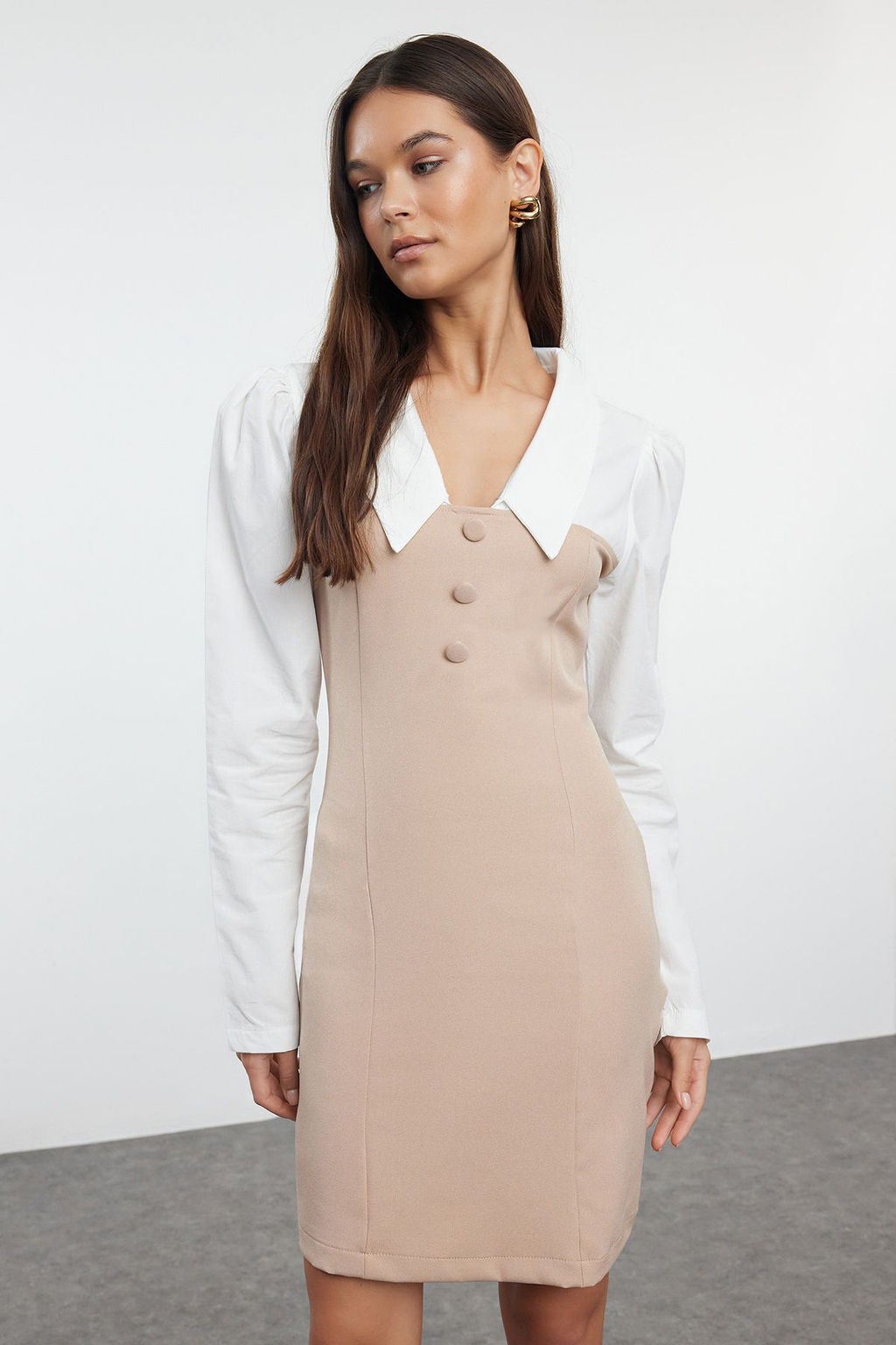 Camel Duz Vucudu Saran Gomlek Yaka Dokuma Elbise TWOAW23EL00611