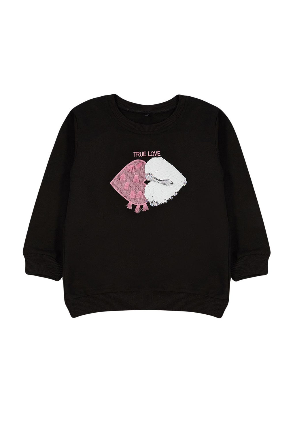 Siyah*001 K?z Cocuk Mevsimlik-Ince Kalp Desenli Orme Sweatshirt TKDAW25SW00001
