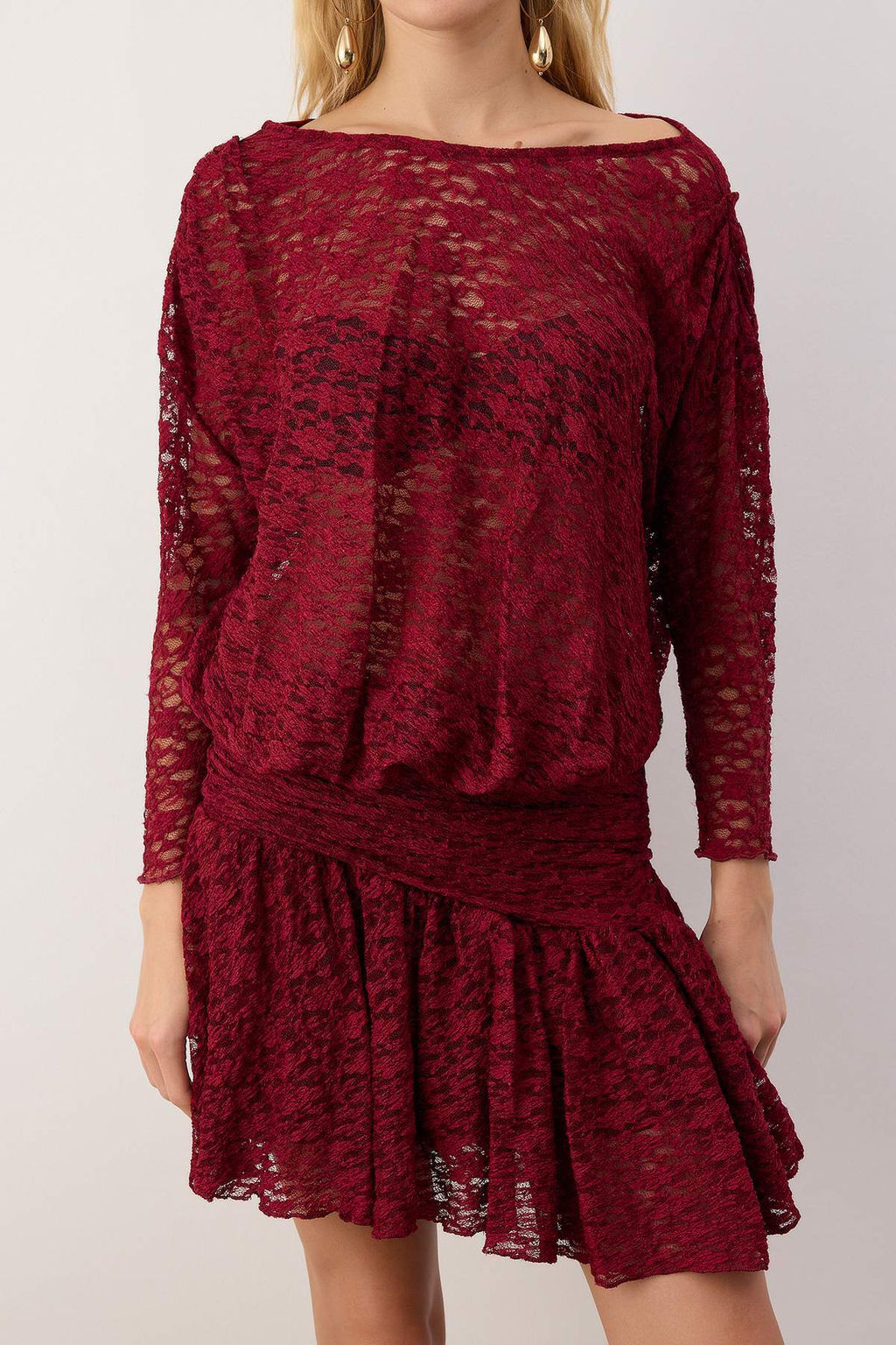 Bordo Boho Orme Dantel Mini Elbise TPRAW26EL00046