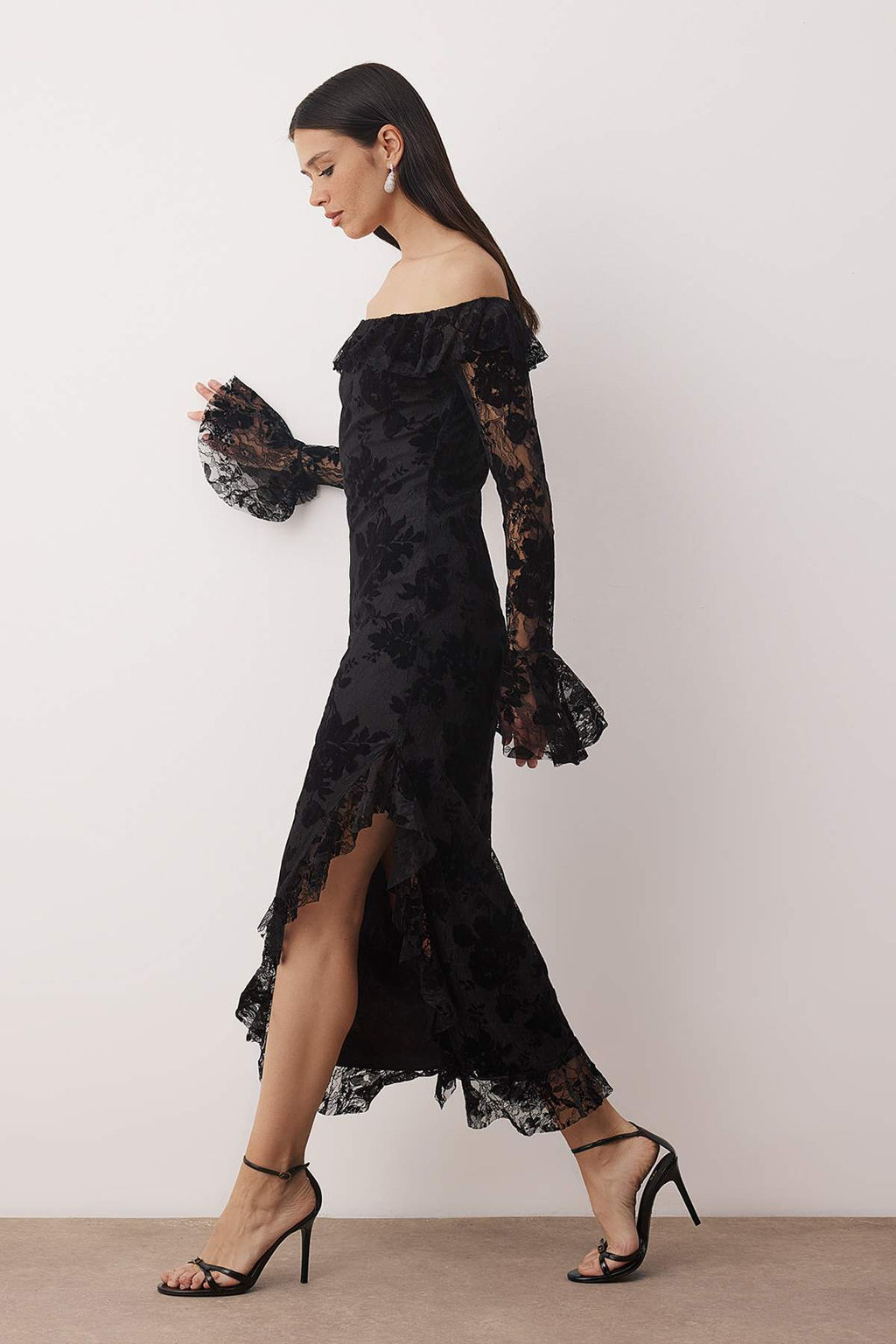 Siyah F?rf?rl? Flok Tul Bask?l? Maxi Astarl? Elbise TPRAW26EL00083