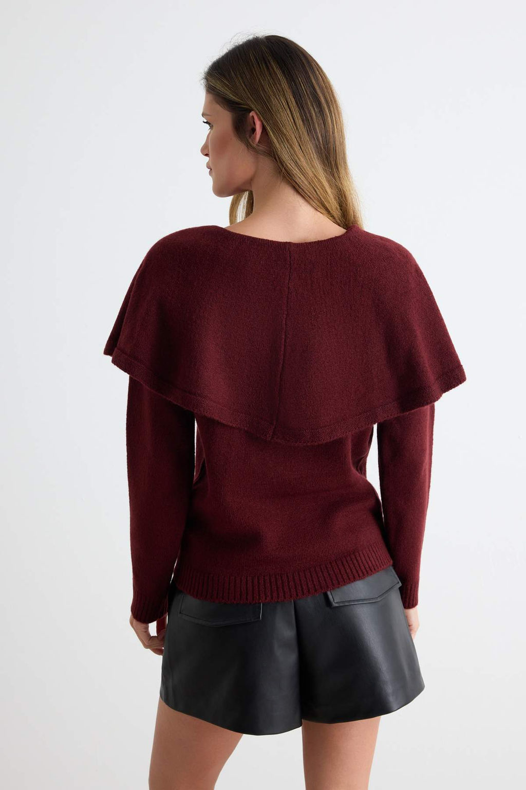 Bordo Yumu_ak Dokulu Pelerin Detayl_ Kurdeleli Triko Kazak TWOAW27KZ00112 - Trendyolmilla фото 4