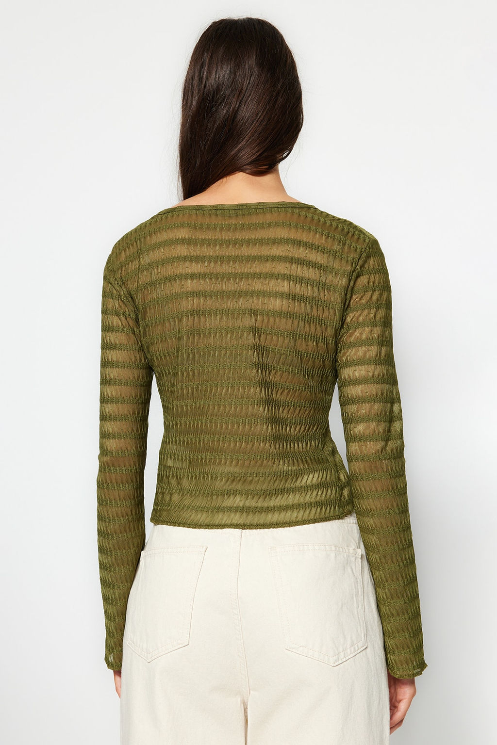 Trendyolmilla Ekru Premium Baglama Detayl? Dokulu V Yaka Esnek Orme Bluz TWOSS23BZ00796  фото 10