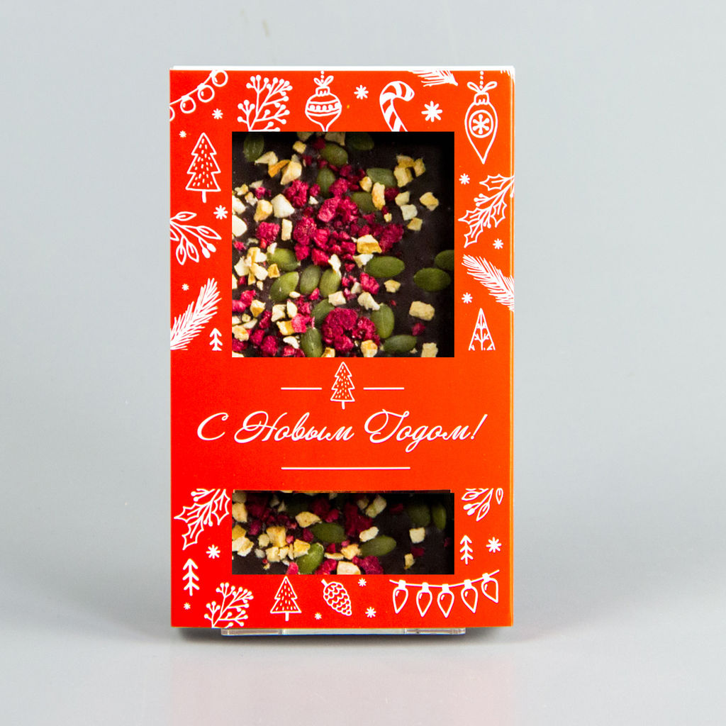 Тёмный шоколад с малиной, абрикосом и семечками тыквы, красная коробочка #10