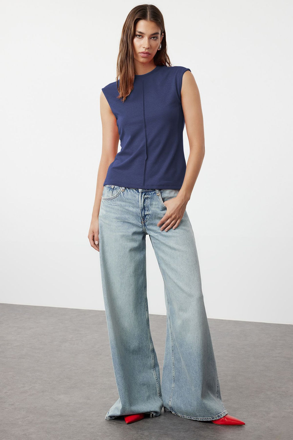 Indigo Viskoz/Yumusak Kumas Fitted/Vucuda Oturan Esnek Orme Bluz TWOSS24BZ00432