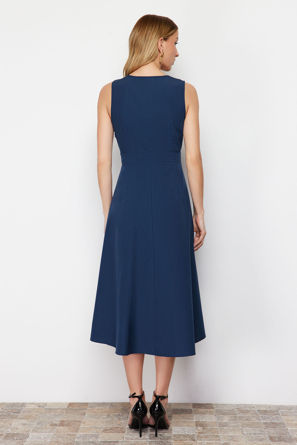 Lacivert A Kesim Kruvaze Yaka Dugme Detayl? Midi Dokuma Elbise TWOSS24EL00348 - Trendyolmilla фото 6