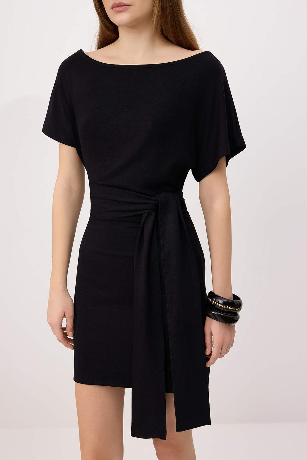 Siyah Bodycon Asimetrik Yaka Baglama Detayl? K?sa Yumusak Orme Elbise TWOSS26EL00256 - Trendyolmilla фото 3