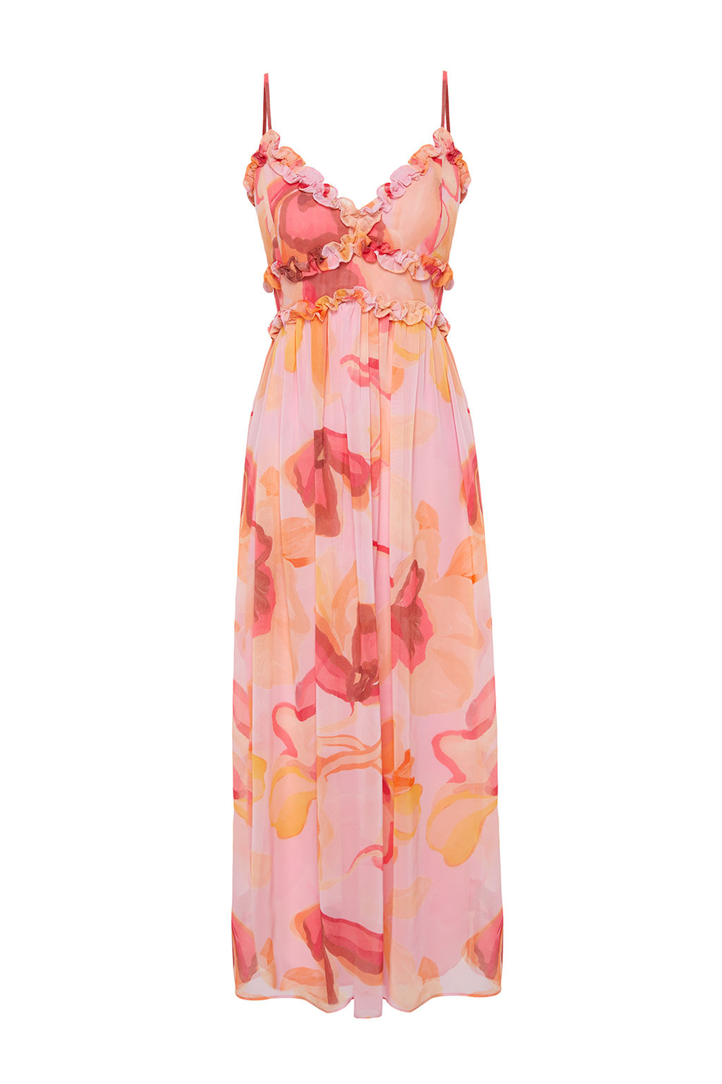 TRENDYOLMILLA Ekru Cicek Desenli A-Kesim F?rf?r Detayl? Astarl? Sifon Maxi Dokuma Elbise TWOSS23EL02013 фото 23