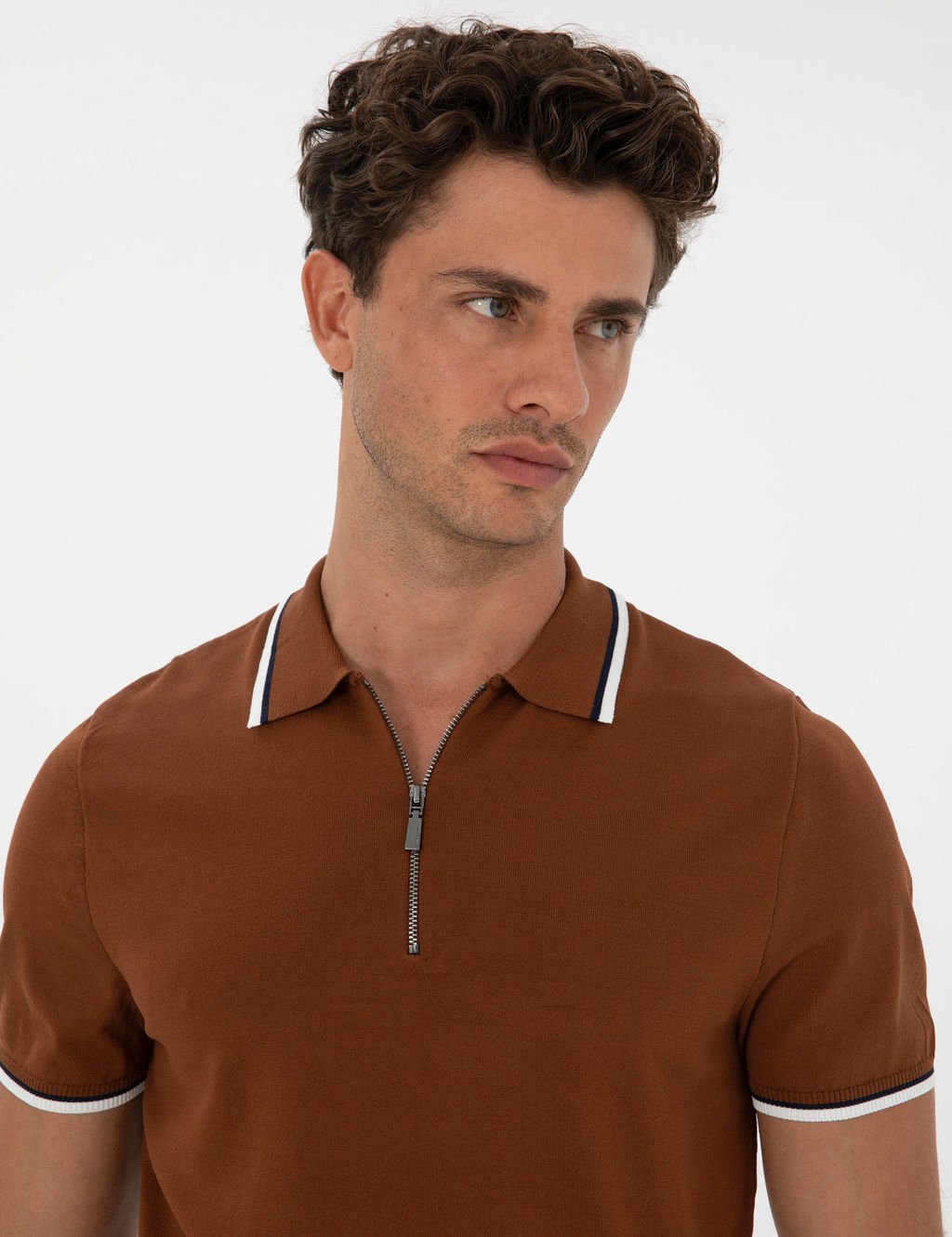 Kahverengi Slim Fit Polo Yaka Fermuarl_ Triko Kazak - Pierre cardin фото 2