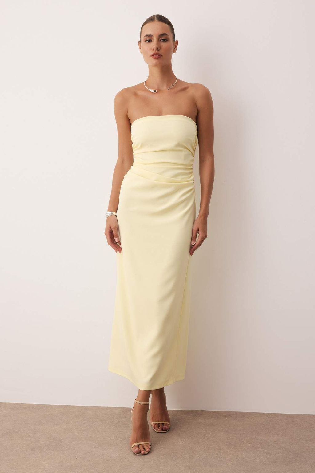 Ac?k Sar? Straplez Midi Dokuma Elbise TWOSS25EL00918