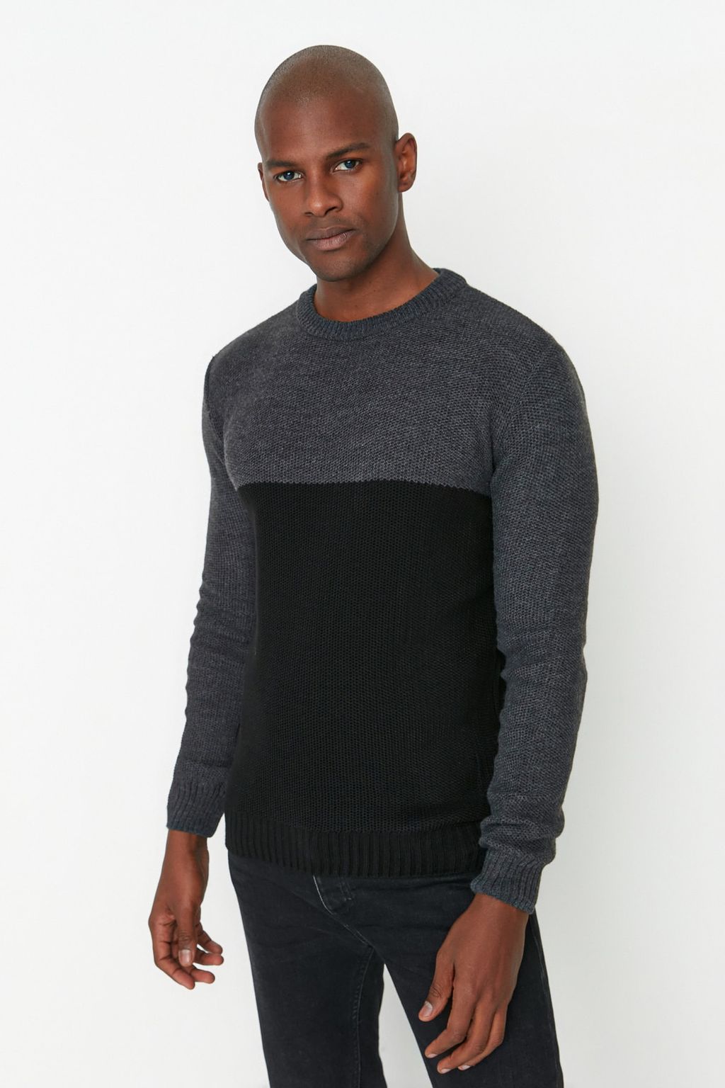 TRENDYOL MAN Siyah Slim Fit Dar Kesim Bisiklet Yaka Renk Bloklu Triko Kazak TMNAW21KZ0544 - Trendyolmilla фото 2