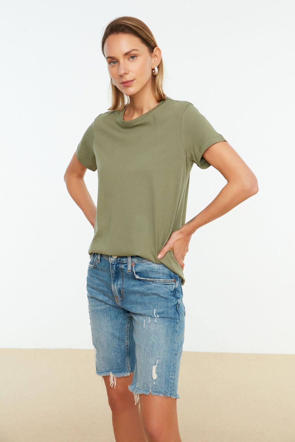 Haki-Somon %100 Pamuk Suprem Bisiklet Yaka 2li Paket Orme T-Shirt TWOSS20TS0141