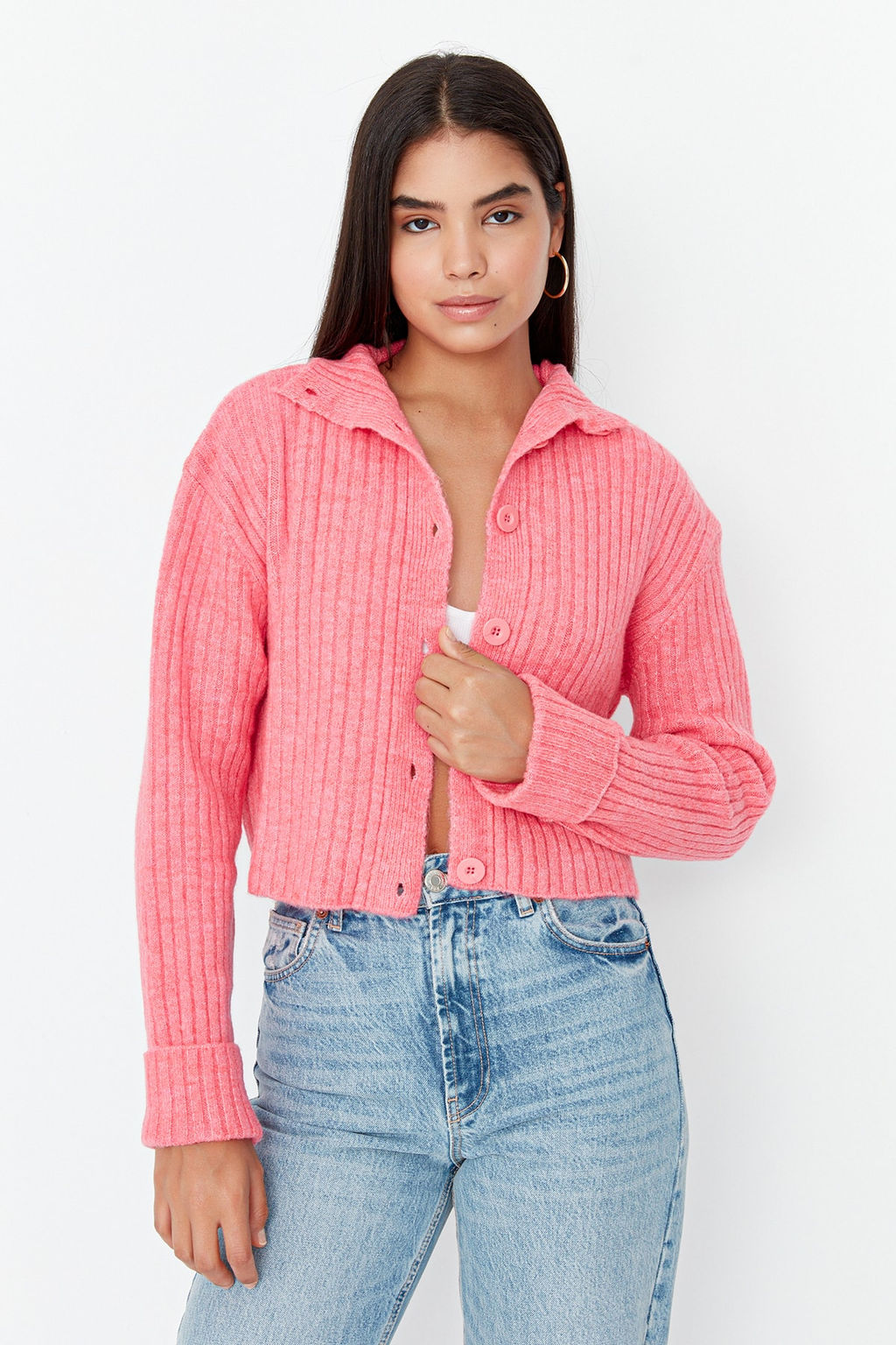 Pembe Crop Yumusak Dokulu Dik Yaka Triko H?rka TWOAW22HI0174